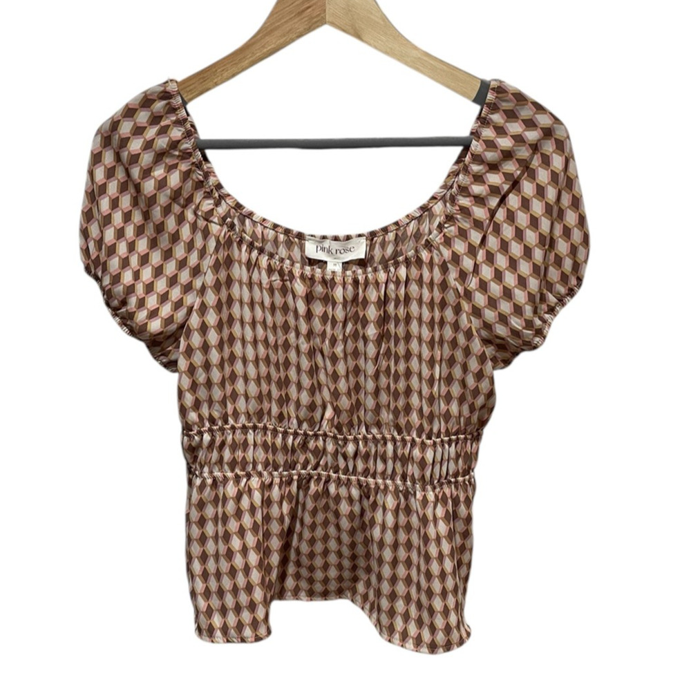 Y2K Retro Boho‎ Milkmaid Blouse Womens Medium Geo Puff Short Sleeve